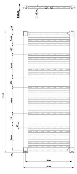 Aqualine Aqualine, radiator DIRECT cu racord lateral 600x1320 mm, negru mat, ILR36B