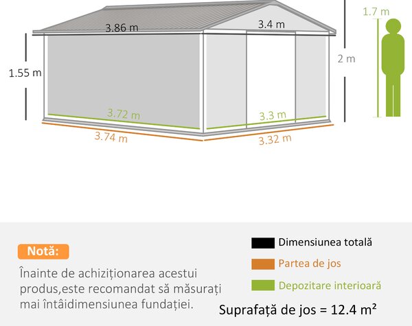 Outsunny magazie unelte, sopron din otel galvanizat, casuta de gradina pentru unelte de gradina 3.4x3.86x2m | AOSOM RO