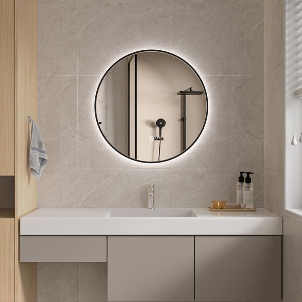 Erga Emma, ​​oglindă rotundă LED 50cm, ramă metalică neagră, 1150 lm, 6500K, iluminare din spate, ERG-V01-201-5050-BK