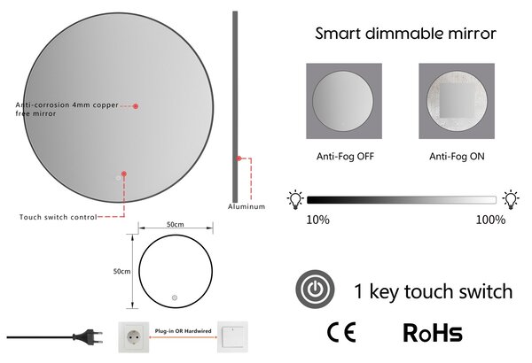Erga Emma, ​​oglindă rotundă LED 50cm, ramă metalică neagră, 1150 lm, 6500K, iluminare din spate, ERG-V01-201-5050-BK