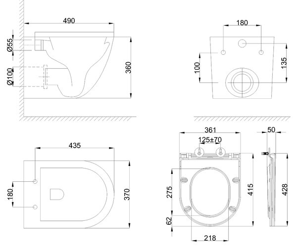 Erga Lily+, vas WC suspendat 490x370x365mm, fără rampă Tornado 2 + capac WC cu închidere lentă, negru mat, ERG-V03-LILY-TO2-BK