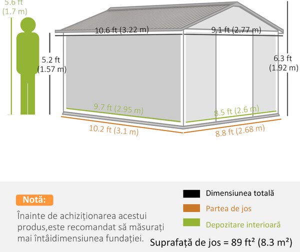 Magazie de Depozitare de 277x322x192cm din Metal pentru Unelte de Gradina cu Usi Glisante Duble, Gri Inchis Outsunny | Aosom RO