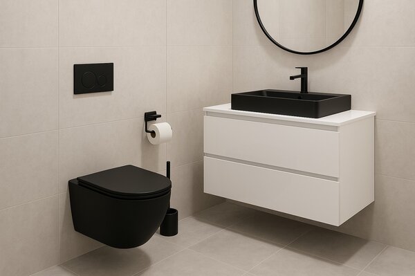 Erga Lily+, vas WC suspendat 490x370x365mm, fără rampă Tornado 2 + capac WC cu închidere lentă, negru mat, ERG-V03-LILY-TO2-BK