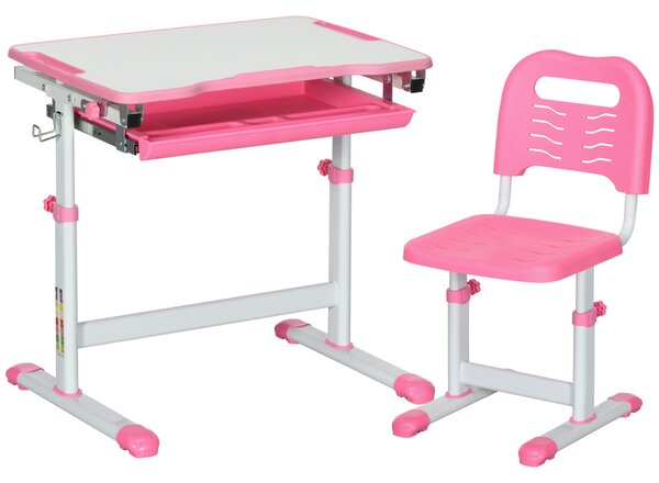 HOMCOM Set Masă și Scaun pentru Copii Reglabilă pe Înălțime, cu Blat Înclinabil 45°, 66x47x52-77 cm, Roz | Aosom Romania
