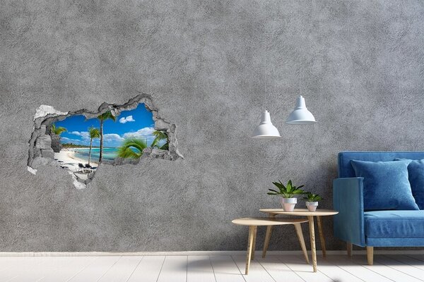 Autocolant gaură 3D Plajă paradisiac cu palmieri
