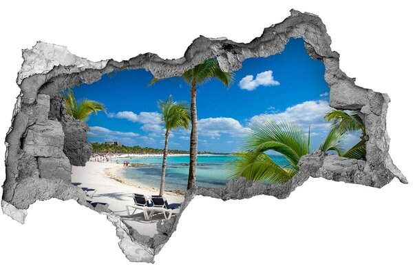 Autocolant gaură 3D Plajă paradisiac cu palmieri