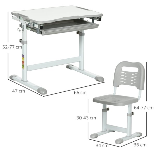 HOMCOM Set Masă și Scaun pentru Copii 6-12 ani, Reglabil pe Înălțime, cu Blat Înclinabil la 45°, 66x47x52-77 cm, Gri | Aosom Romania