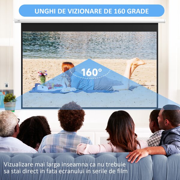 HOMCOM Ecran Proiector 120", Motorizat cu Telecomandă, Montaj pe Perete sau Tavan, Ideal pentru Acasă și Birou, 293,5x8x176 cm, Alb | Aosom Romania
