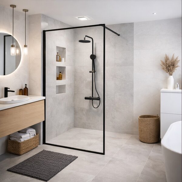 Erga Paris, Paravan de duș Walk-In 60x200 cm cu ramă neagră, sticlă transparentă de 8 mm, profil negru, ERG-V02-PARIS-060x200-BF