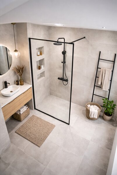 Erga Paris, Paravan de duș Walk-In 60x200 cm cu ramă neagră, sticlă transparentă de 8 mm, profil negru, ERG-V02-PARIS-060x200-BF