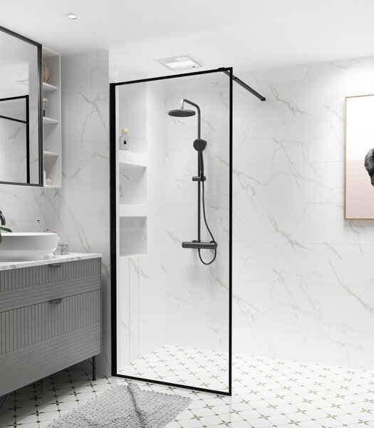 Erga Paris, Paravan de duș Walk-In 60x200 cm cu ramă neagră, sticlă transparentă de 8 mm, profil negru, ERG-V02-PARIS-060x200-BF