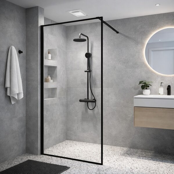 Erga Paris, Paravan de duș Walk-In 60x200 cm cu ramă neagră, sticlă transparentă de 8 mm, profil negru, ERG-V02-PARIS-060x200-BF