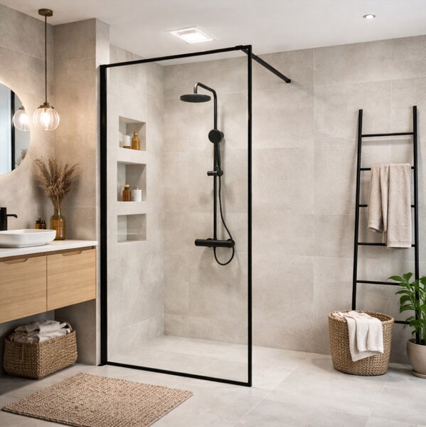 Erga Paris, Paravan de duș Walk-In 60x200 cm cu ramă neagră, sticlă transparentă de 8 mm, profil negru, ERG-V02-PARIS-060x200-BF