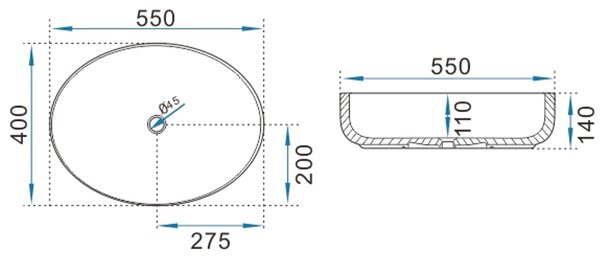 Erga Oval, lavoar de blat 550x400x140 mm, alb lucios, ERG-V03-OVAL55-WH