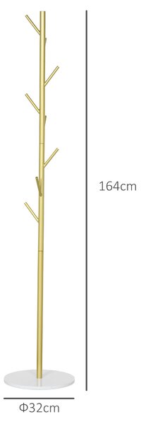 HOMCOM Cuier de Podea Autoportant cu 8 Cârlige și Bază din Marmură, Ø32x164 cm, Auriu | Aosom Romania