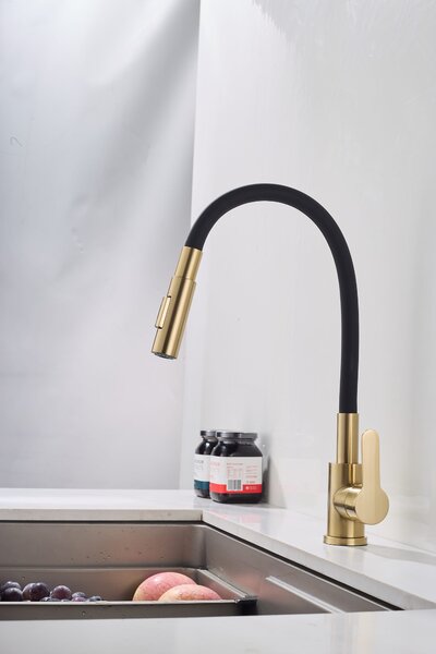 Gamma Flex 4000, baterie de lavoar independentă cu braț flexibil, pipă cu 2 funcții, negru-auriu mat, GMA-BFX-4000BGD