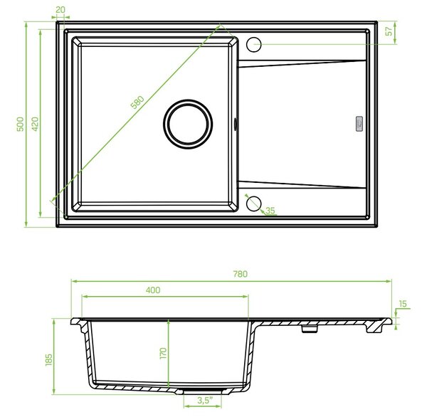Laveo Megalo, chiuvetă granit cu 1 compartiment 780x500x185 mm, alb, LAV-SBE_611T