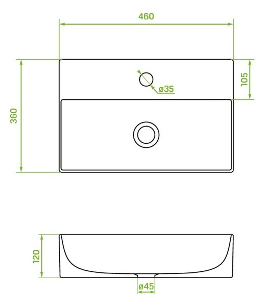 Laveo Kvadrato, lavoar ceramic de blat sau montat pe perete 460×360×120 mm, alb lucios, LAV-VUK_6146