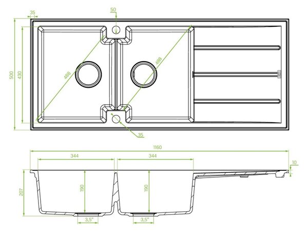 Kuchinox Laveo Canaria, chiuvetă din granit cu 2 compartimente 1160x500x207 mm, bej, LAV-SPC_421T