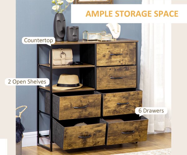 HOMCOM Comodă Pliabilă cu 6 Sertare, 2 Rafturi Deschise din Material și Picioare Reglabile, 84x30x92 cm, Maro Rustic | Aosom Romania