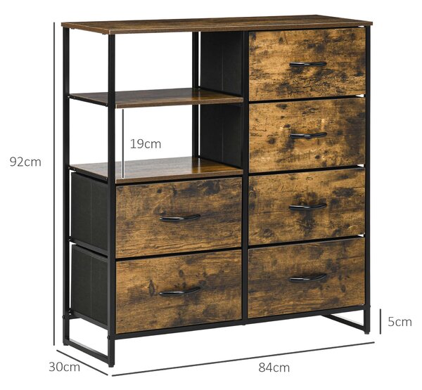 HOMCOM Comodă Pliabilă cu 6 Sertare, 2 Rafturi Deschise din Material și Picioare Reglabile, 84x30x92 cm, Maro Rustic | Aosom Romania
