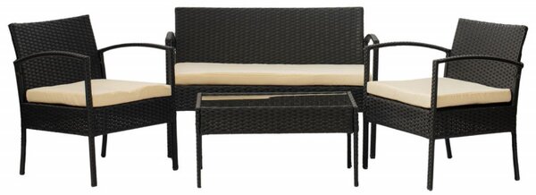 Set mobilier terasa, masa, canapea, 2 fotolii, perne, negru / crem