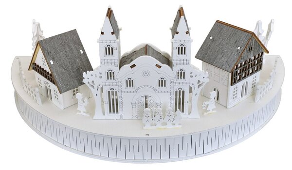 Decor LED din lemn Sat cu biserică , 40 x 17 x 20cm, semicerc