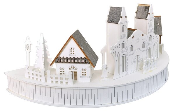 Decor LED din lemn Sat cu biserică , 40 x 17 x 20cm, semicerc