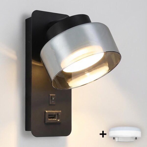 Brilagi - LED Lampă de perete AURA LUX cu port USB 1xGX53/30W/230V, negru/fumuriu