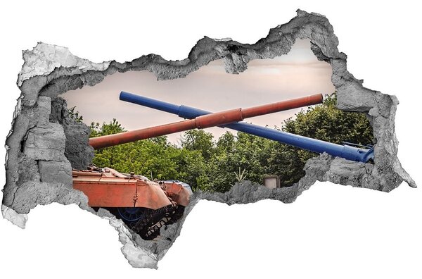 Autocolant 3D gaura cu priveliște Bătălie de tancuri în ruine