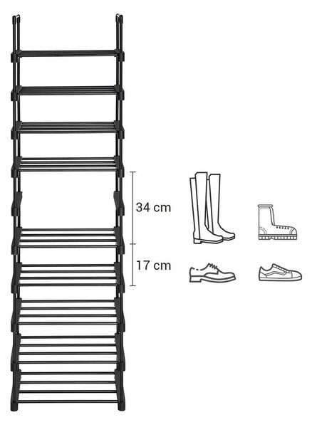 Raft stivuibil pentru încălțăminte TUBE, 10 polițe, 45x30x174cm, negru SongmicsHome
