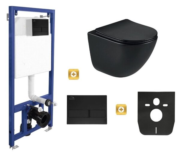 Erga Erga, set suspendat încastrat Laveo Akan + vas WC suspendat Lily+ cu capac WC duroplast + buton de spălare, negru mat, ERG-SETLAVLILYWHBK
