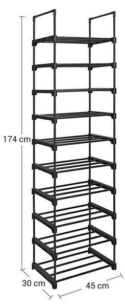 Raft stivuibil pentru încălțăminte TUBE, 10 polițe, 45x30x174cm, negru SongmicsHome
