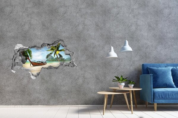 Autocolant de perete gaură 3D Plajă tropicală cu o barcă