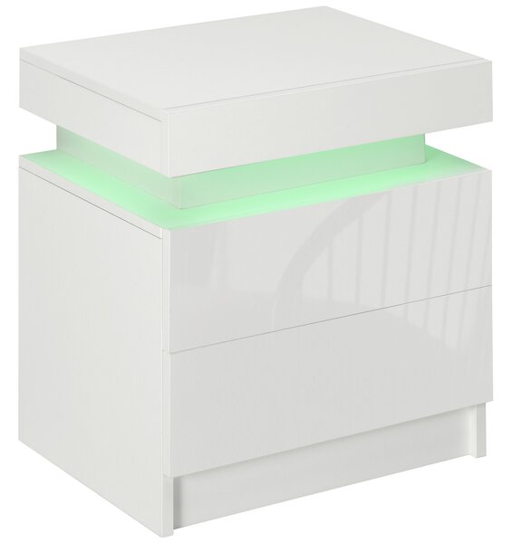 Noptiera alba HOMCOM cu lumina LED RGB, noptiera frontala lucioasa cu 2 sertare, pentru camera de zi, dormitor | Aosom RO