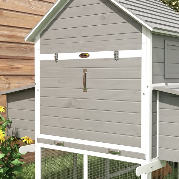 Pawhut Cotet pentru Gaini Ouatoare pentru Exterior, Adapost pentru Gaini cu Rampa si Zona Deschisa Imprejmuita, 310.5x149.5x149cm, Gri