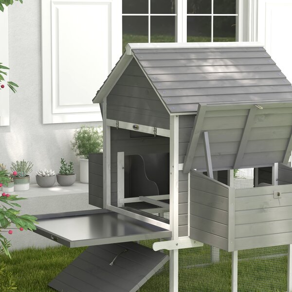 Pawhut Cotet pentru Gaini Ouatoare pentru Exterior, Adapost pentru Gaini cu Rampa si Zona Deschisa Imprejmuita, 310.5x149.5x149cm, Gri