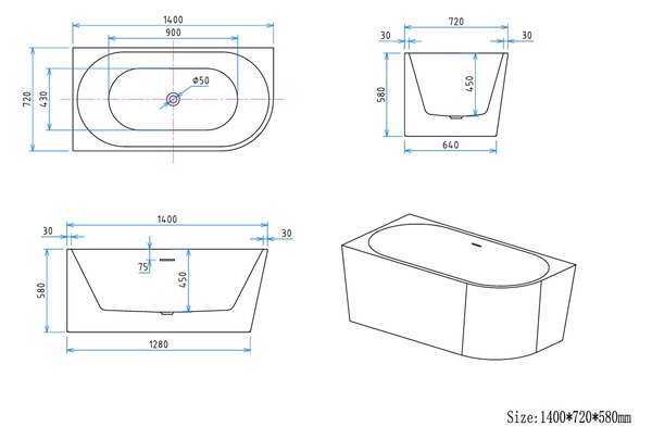 Erga Zara, cadă de baie independentă de colț 140x72 cm + dop de scurgere, stânga, alb lucios, ERG-ZARA-140072L-WH-WH
