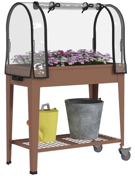 Outsunny Strat de Gradină Înălțat cu Acoperiș de Sera, Jardiniera Mobilă cu Roți și Raft Inferior pentru Legume, Flori, Ierburi | Aosom Romania
