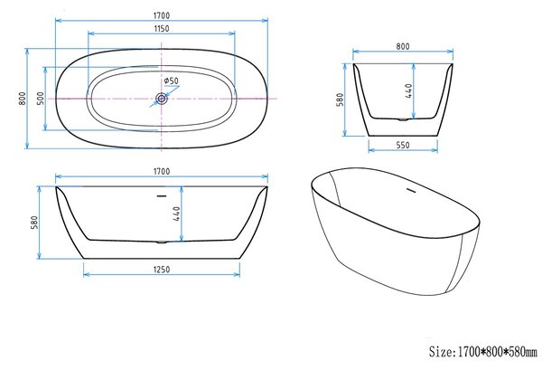 Erga Vienna, cadă de baie independentă 170x80 cm + dop de scurgere, alb lucios, ERG-VIENNA-170080-WH-WH