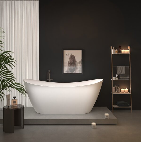 Erga Lina, cadă de baie independentă 150x73 cm + dop de scurgere, alb lucios, ERG-LINA-150073-WH-WH