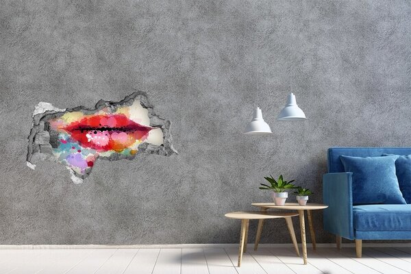 Autocolant de perete gaură 3D Buze colorate pe un fundal de beton