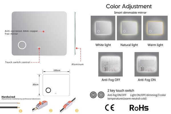 Erga Myra, oglindă LED 100x80 cm cu oglindă cosmetică, mărire 3x, 4114 lm, 3 culori de lumină, iluminare din spate, ERG-V01-MYRA-1080-00