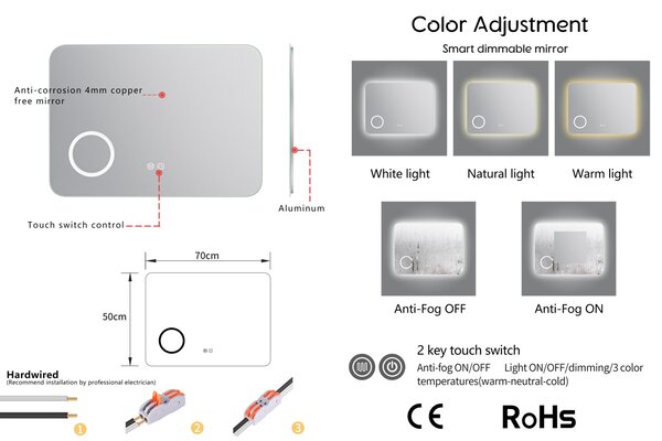 Erga Myra, oglindă LED 70x50 cm cu oglindă cosmetică, mărire 3x, 2662 lm, 3 culori de lumină, iluminare din spate, ERG-V01-MYRA-7050-00