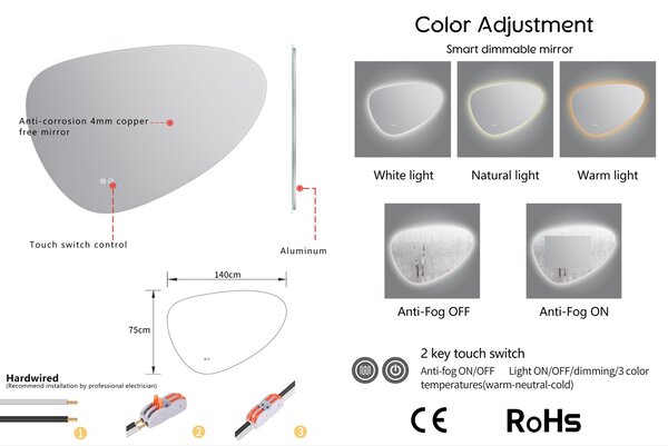 Erga Myra, oglindă LED 140x80 cm cu oglindă cosmetică, mărire 3x, 5082 lm, 3 culori de lumină, iluminare din spate, ERG-V01-MYRA-1480-00