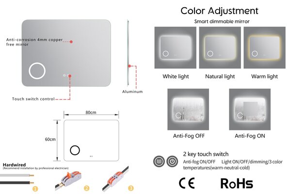 Erga Myra, oglindă LED 80x60 cm cu oglindă cosmetică, mărire 3x, 3146 lm, 3 culori de lumină, iluminare din spate, ERG-V01-MYRA-8060-00