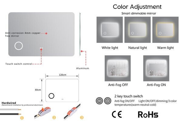 Erga Myra, oglindă LED 120x80 cm cu oglindă cosmetică, mărire 3x, 4598 lm, 3 culori de lumină, iluminare din spate, ERG-V01-MYRA-1280-00