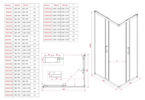 Cabină de duș Erga Tucson cu uși glisante 70 (ușă) x 80 (ușă) x 190 cm, sticlă transparentă de 6 mm, profil cromat, ERG-S02-TUCSON-D070D080-CL-CR