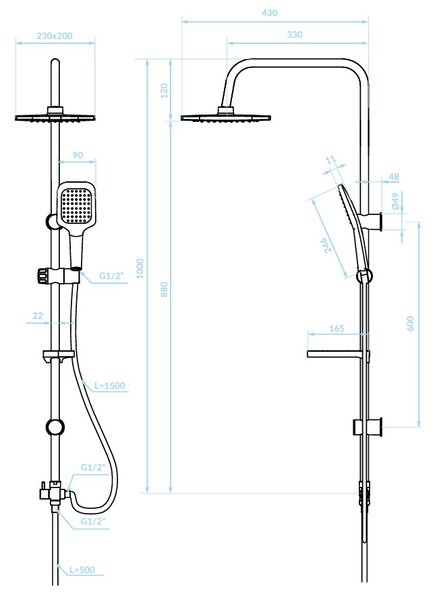 Kuchinox BORGO, coloană de duș cu cap de duș fix și manual 100cm, cromat, LAV-PKG_00KX