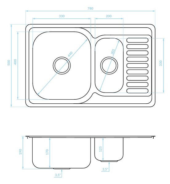 Kuchinox Junak, chiuvetă din oțel inoxidabil cu 1,5 compartimente 780x500x190 mm cu scurgător, suprafață netedă, oțel, LAV-SQA_033T